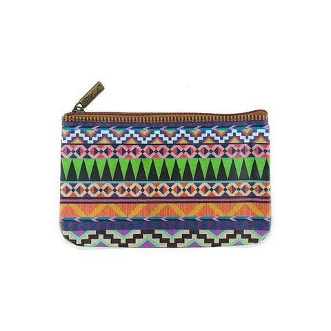 Mlavi bohemian style vegan flat small pouch/coin purse with Mexican Aztec tribal pattern print. 