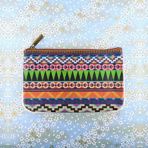 Mlavi bohemian style vegan flat small pouch/coin purse with Mexican Aztec tribal pattern print. 
