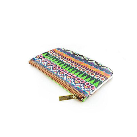 Mlavi bohemian style vegan flat small pouch/coin purse with Mexican Aztec tribal pattern print. 