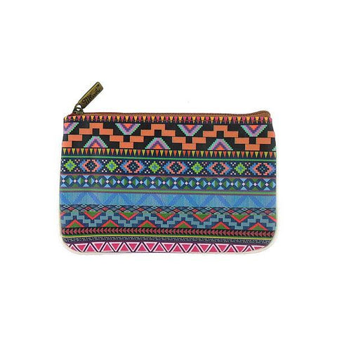 Mlavi bohemian style vegan flat small pouch/coin purse with Mexican Aztec tribal pattern print. 