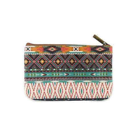 Mlavi Studio's bohemian style vegan flat small pouch/coin purse with Mexican Aztec tribal pattern print. Great for everyday use or gift for family & friends. Wholesale at www.mlavi.com for gift shops, fashion accessories & clothing boutiques in Canada, USA & worldwide.