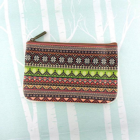 Mlavi bohemian style vegan flat small pouch/coin purse with Mexican Aztec tribal pattern print. 