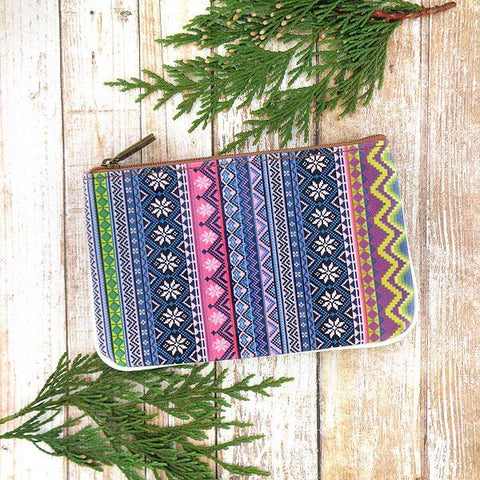 Mlavi bohemian style vegan flat small pouch/coin purse with Mexican Aztec tribal pattern print. 