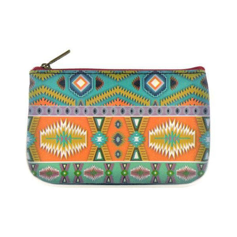 Mlavi bohemian style vegan flat small pouch/coin purse with Mexican Aztec tribal pattern print. 