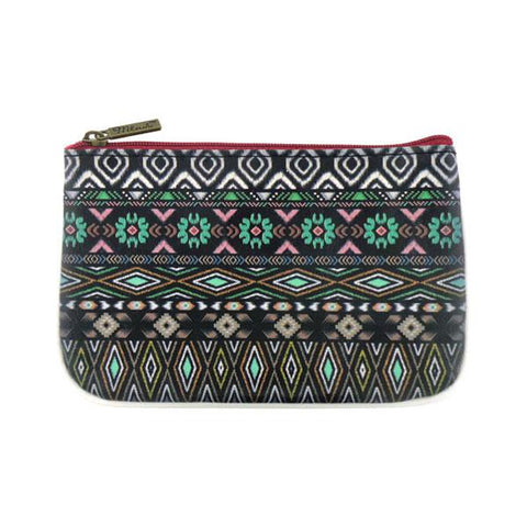 Mlavi bohemian style vegan flat small pouch/coin purse with Mexican Aztec tribal pattern print. 
