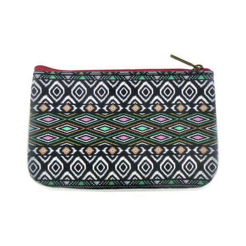 Mlavi bohemian style vegan flat small pouch/coin purse with Mexican Aztec tribal pattern print. 
