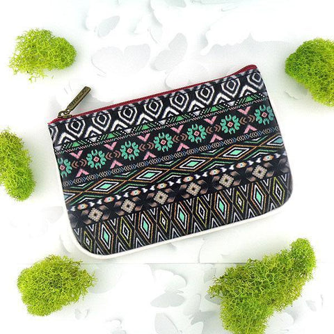Mlavi bohemian style vegan flat small pouch/coin purse with Mexican Aztec tribal pattern print. 