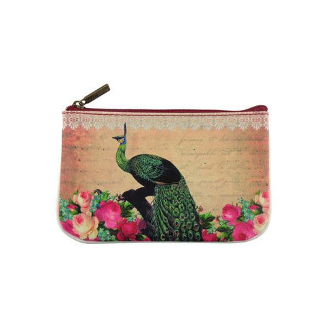Mlavi whimsical peacock print small pouch/coin purse Made with durable, Eco-friendly, cruelty-free vegan materials, Great for everyday use or as gift for friends & family. Wholesale at www.mlavi.com for gift shops, clothing & fashion accessories boutiques, book stores in Canada, USA & worldwide.