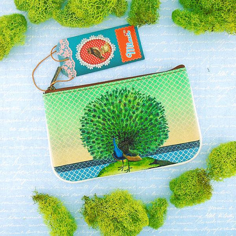 Mlavi whimsical peacock print small pouch/coin purse Made with durable, Eco-friendly, cruelty-free vegan materials, Great for everyday use or as gift for friends & family. Wholesale at www.mlavi.com for gift shops, clothing & fashion accessories boutiques, book stores in Canada, USA & worldwide.