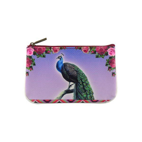 Mlavi whimsical peacock print small pouch/coin purse Made with durable, Eco-friendly, cruelty-free vegan materials, Great for everyday use or as gift for friends & family. Wholesale at www.mlavi.com for gift shops, clothing & fashion accessories boutiques, book stores in Canada, USA & worldwide.