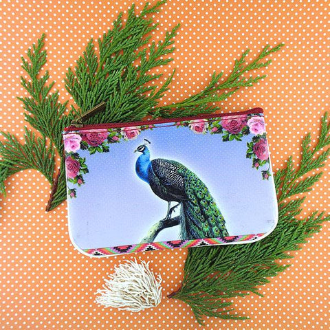 Mlavi whimsical peacock print small pouch/coin purse Made with durable, Eco-friendly, cruelty-free vegan materials, Great for everyday use or as gift for friends & family. Wholesale at www.mlavi.com for gift shops, clothing & fashion accessories boutiques, book stores in Canada, USA & worldwide.