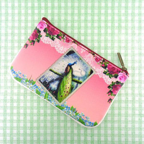 Mlavi whimsical peacock print small pouch/coin purse Made with durable, Eco-friendly, cruelty-free vegan materials, Great for everyday use or as gift for friends & family. Wholesale at www.mlavi.com for gift shops, clothing & fashion accessories boutiques, book stores in Canada, USA & worldwide.