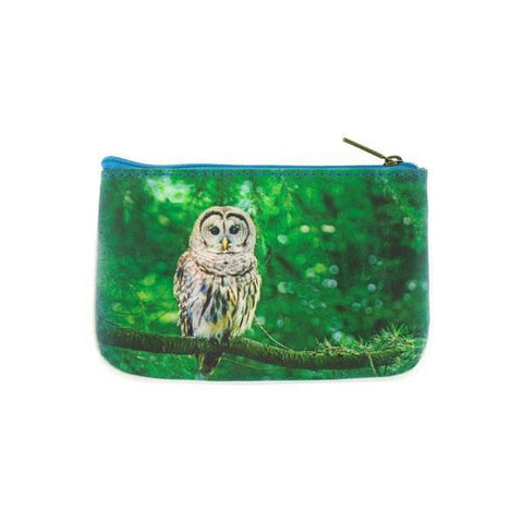 Mlavi's Eco-friendly, cruelty-free vegan/vegan leather Owl & waterfall print small pouch/coin purse from Animal collection. Wholesale available at http://mlavi.com along with other fun & unique, whimsical vegan fashion accessories & gifts.