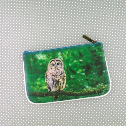 Mlavi's Eco-friendly, cruelty-free vegan/vegan leather Owl & waterfall print small pouch/coin purse from Animal collection. Wholesale available at http://mlavi.com along with other fun & unique, whimsical vegan fashion accessories & gifts.
