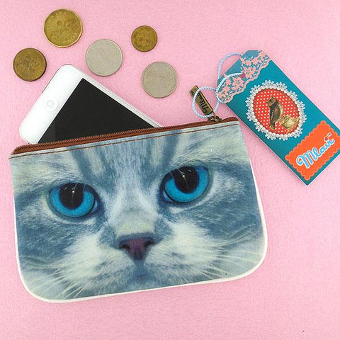 Mlavi big blue eye cat printed vegan small pouch/coin purse for online shopping. Great for travel, fun gift idea for family & friend. Wholesale at mlavi.com