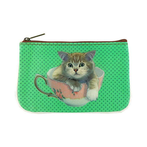 Eco-friendly, cruelty-free, ethically made vegan leather small pouch/coin purse with cute cat print by Mlavi. Wholesale available.
