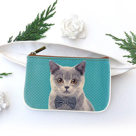 for Eco-friendly, cruelty-free, ethically made vegan/vegan leather small pouch/coin purse features a cute cat print by Mlavi. Wholesale available at http://mlavi.com along with other whimsical fashion accessories