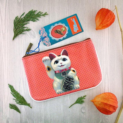 Eco-friendly, cruelty-free, ethically made vegan leather small pouch/coin purse with cute cat print by Mlavi. Wholesale available.
