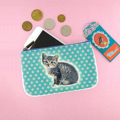 Eco-friendly, cruelty-free, ethically made vegan leather small pouch/coin purse with cute cat print by Mlavi. Wholesale available.