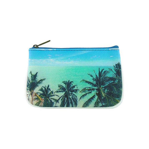 Mlavi Eco-friendly cruelty-free vegan leather pouch with blue ocean, palm tree & beach sunset  print. Wholesale available at www.mlavi.com