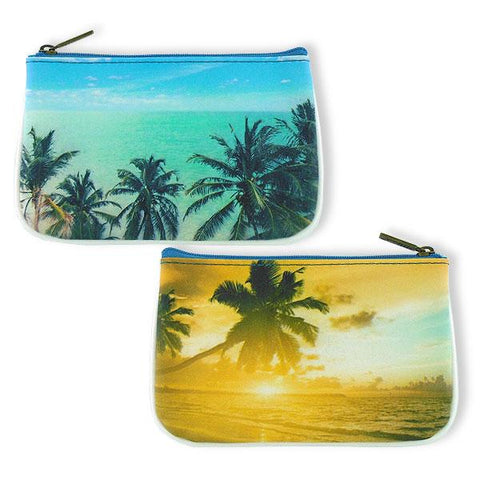 Mlavi Eco-friendly cruelty-free vegan leather pouch with blue ocean, palm tree & beach sunset  print. Wholesale available at www.mlavi.com