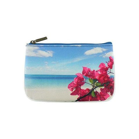 Mlavi Eco-friendly, cruelty-free, ethically made small pouch/coin purse with blue ocean, sandy beach & flower print. Great for everyday use, travel or as whimsical gift for family & friends. Wholesale at www.mlavi.com to gift shop, clothing & fashion accessories boutiques, book stores worldwide.