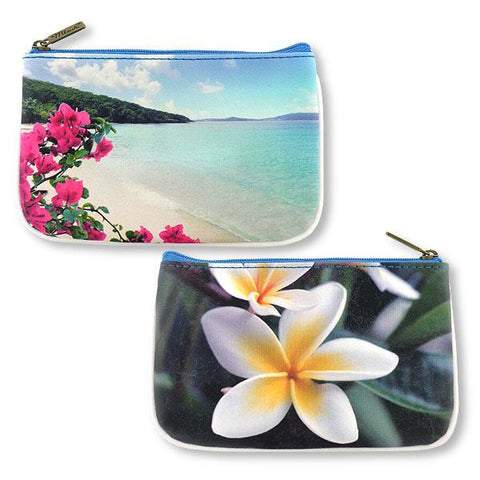 Mlavi Eco-friendly cruelty-free vegan leather pouch with blue ocean, sandy beach & flower print. Wholesale available at www.mlavi.com