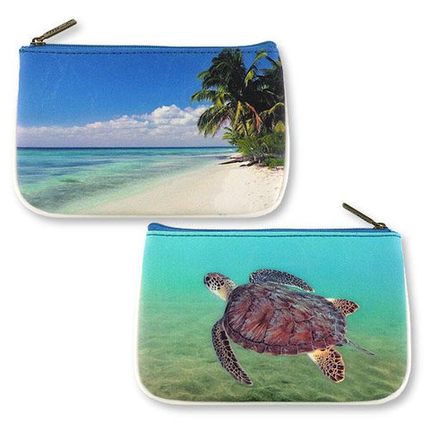 Mlavi Eco-friendly, cruelty-free, ethically made small pouch/coin purse with Blue ocean, palm tree & sea turtle print. 