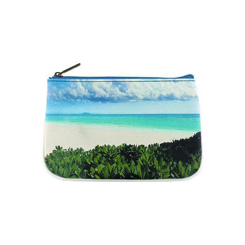 Mlavi Eco-friendly, cruelty-free, ethically made small pouch/coin purse with Blue ocean, sandy beach & sea shell print. 