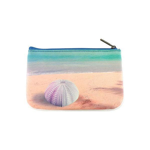 Mlavi Eco-friendly, cruelty-free, ethically made small pouch/coin purse with Blue ocean, sandy beach & sea shell print. 