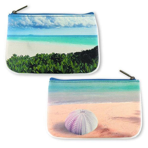 Mlavi Eco-friendly, cruelty-free, ethically made small pouch/coin purse with Blue ocean, sandy beach & sea shell print. 