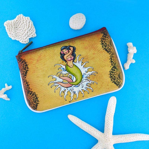 Mlavi Tattoo style mermaid vegan leather small pouch / coin purse
