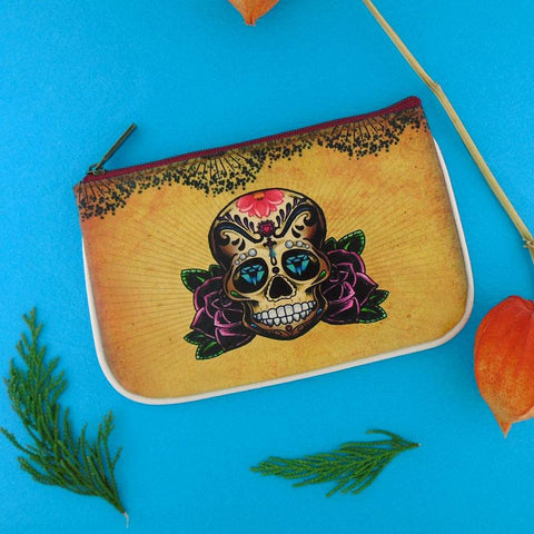 Mlavi Tattoo style sugar skull vegan leather small pouch / coin purse