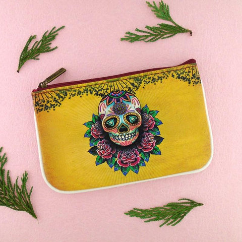 Mlavi Tattoo style day of the dead skull vegan leather small pouch / coin purse