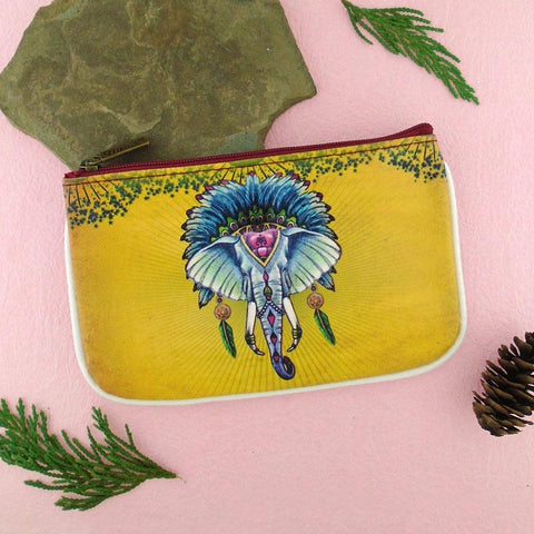 Mlavi Tattoo style tribal elephant vegan leather small pouch / coin purse