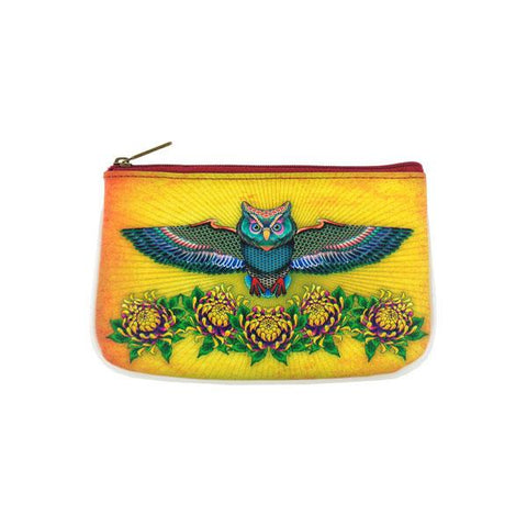Mlavi Cool Tattoo collection owl & Chrysanthemum flower printed vegan pouch/coin purse. Wholesale available at http://www.mlavi.com/mlavi-tattoo-themed-vegan-bag-wallet-accessories-wholesale.html
