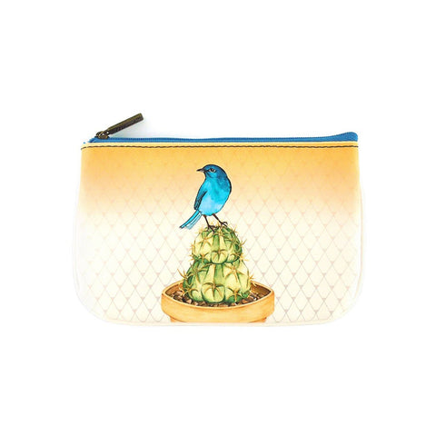 Mlavi Bird & cactus print small pouch/coin purse made with Eco-friendly & cruelty free vegan materials. Gift & boutique buyer can order wholesale at www.mlavi.com for ethically made & unique fashion accessories including bags, wallets, purses, coin purses, travel accessories & gifts.
