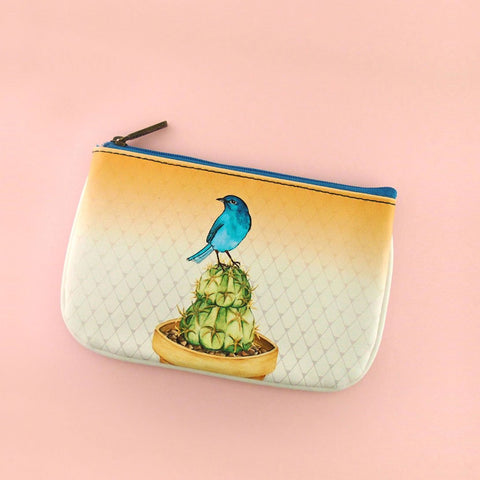 Mlavi Bird & cactus print small pouch/coin purse made with Eco-friendly & cruelty free vegan materials. Gift & boutique buyer can order wholesale at www.mlavi.com for ethically made & unique fashion accessories including bags, wallets, purses, coin purses, travel accessories & gifts.