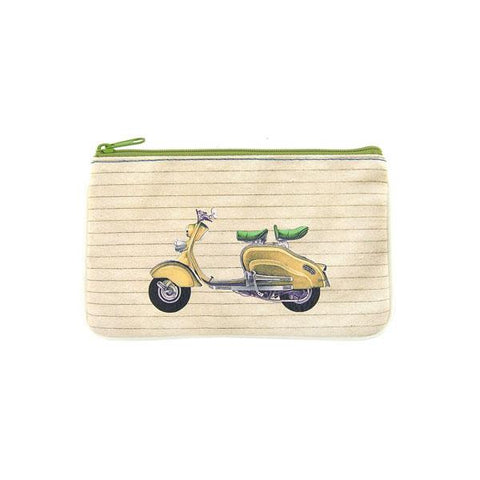 Mlavi's cool retro scooter print vegan small pouch/coin purse made with SGS tested cruelty-free Eco-friendly cruelty free vegan materials. Wholesale available at www.mlavi.com for gift shop, fashion accessories & clothing boutique in Canada, USA & worldwide.