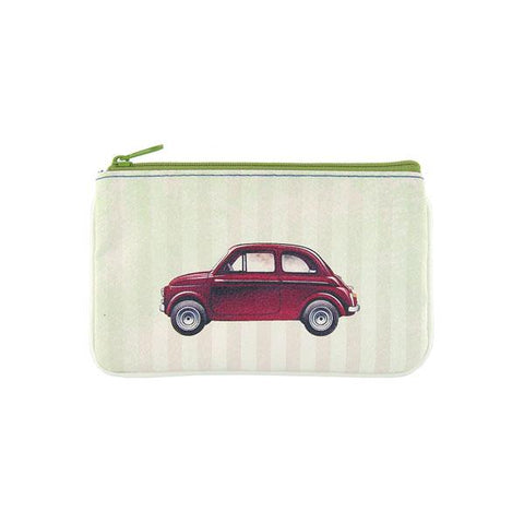 Mlavi's cool retro Fiat car print vegan small pouch/coin purse made with SGS tested cruelty-free Eco-friendly cruelty free vegan materials. Wholesale available at www.mlavi.com for gift shop, fashion accessories & clothing boutique in Canada, USA & worldwide.