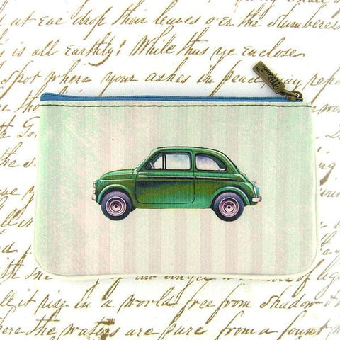 Mlavi's cool retro Fiat car print vegan small pouch/coin purse made with SGS tested cruelty-free Eco-friendly cruelty free vegan materials. Wholesale available at www.mlavi.com for gift shop, fashion accessories & clothing boutique in Canada, USA & worldwide.