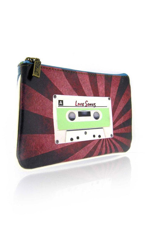Mlavi cool retro boombox & cassette print vegan small pouch/coin purse made with cruelty-free Eco-friendly cruelty free vegan materials. Wholesale at www.mlavi.com