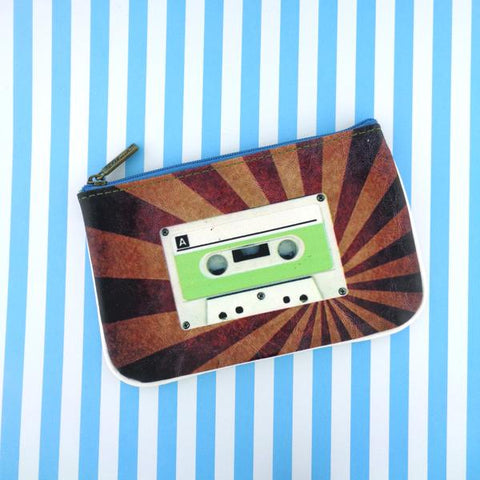 Mlavi cool retro boombox & cassette print vegan small pouch/coin purse made with cruelty-free Eco-friendly cruelty free vegan materials. Wholesale at www.mlavi.com
