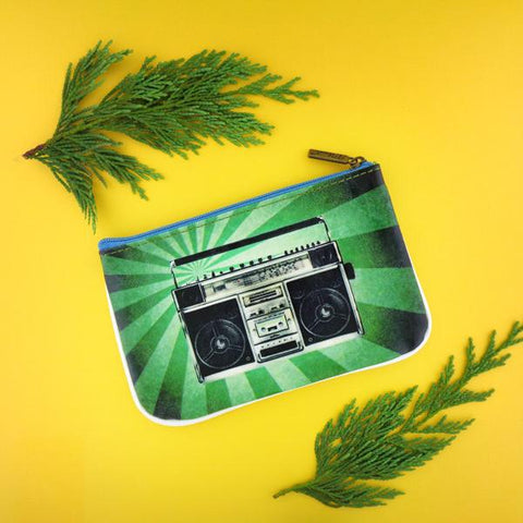 Mlavi cool retro boombox & cassette print vegan small pouch/coin purse made with cruelty-free Eco-friendly cruelty free vegan materials. Wholesale at www.mlavi.com