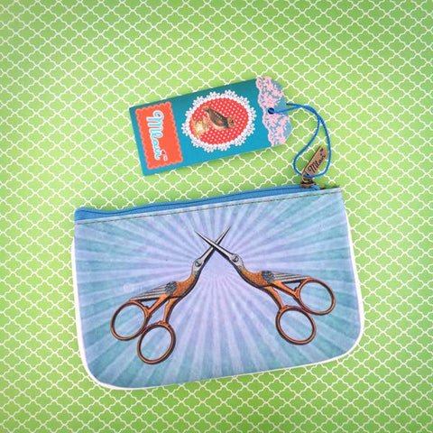 Mlavi's cool retro sewing machine & scissor print vegan small pouch/coin purse made with SGS tested cruelty-free Eco-friendly cruelty free vegan materials. Wholesale available at www.mlavi.com for gift shop, fashion accessories & clothing boutique in Canada, USA & worldwide.