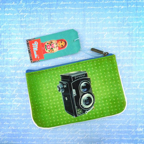 Mlavi's cool retro camera print vegan small pouch/coin purse made with SGS tested cruelty-free Eco-friendly cruelty free vegan materials. Wholesale available at www.mlavi.com for gift shop, fashion accessories & clothing boutique in Canada, USA & worldwide.