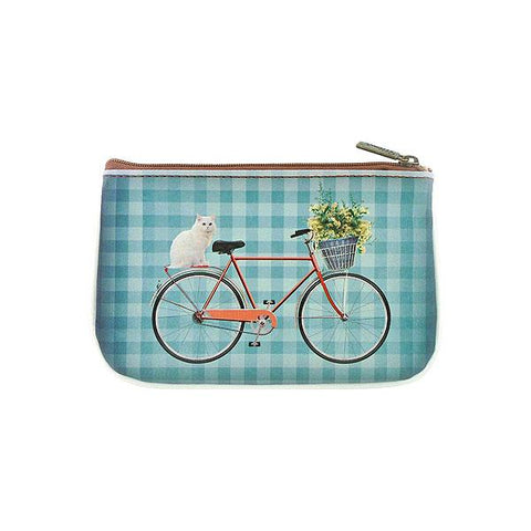 Mlavi funky retro bicycle with cat print vegan small pouch/coin purse