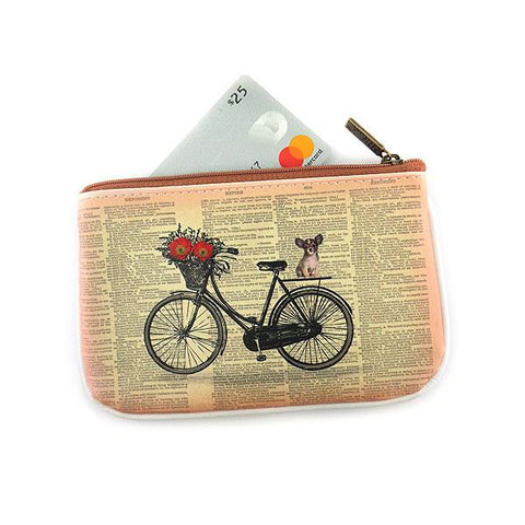 Mlavi funky retro bicycle with dog print vegan small pouch/coin purse
