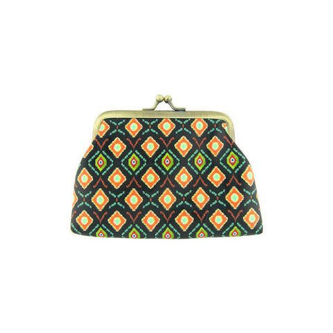 Mlavi bohemian style Ikat print vegan kiss lock frame coin purse made with Eco-friendly & cruelty free vegan materials. Great for everyday use & wonderful as a gift to family & friends. Wholesale at www.mlavi.com for gift shops, fashion accessories & clothing boutiques, museum stores worldwide.