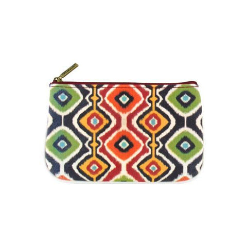 Mlavi Ikat pattern print small pouch/coin purse made with Eco-friendly & cruelty free vegan materials. Great for everyday use & wonderful as a gift to family & friends. Wholesale at www.mlavi.com for gift shops, fashion accessories & clothing boutiques, museum stores worldwide.